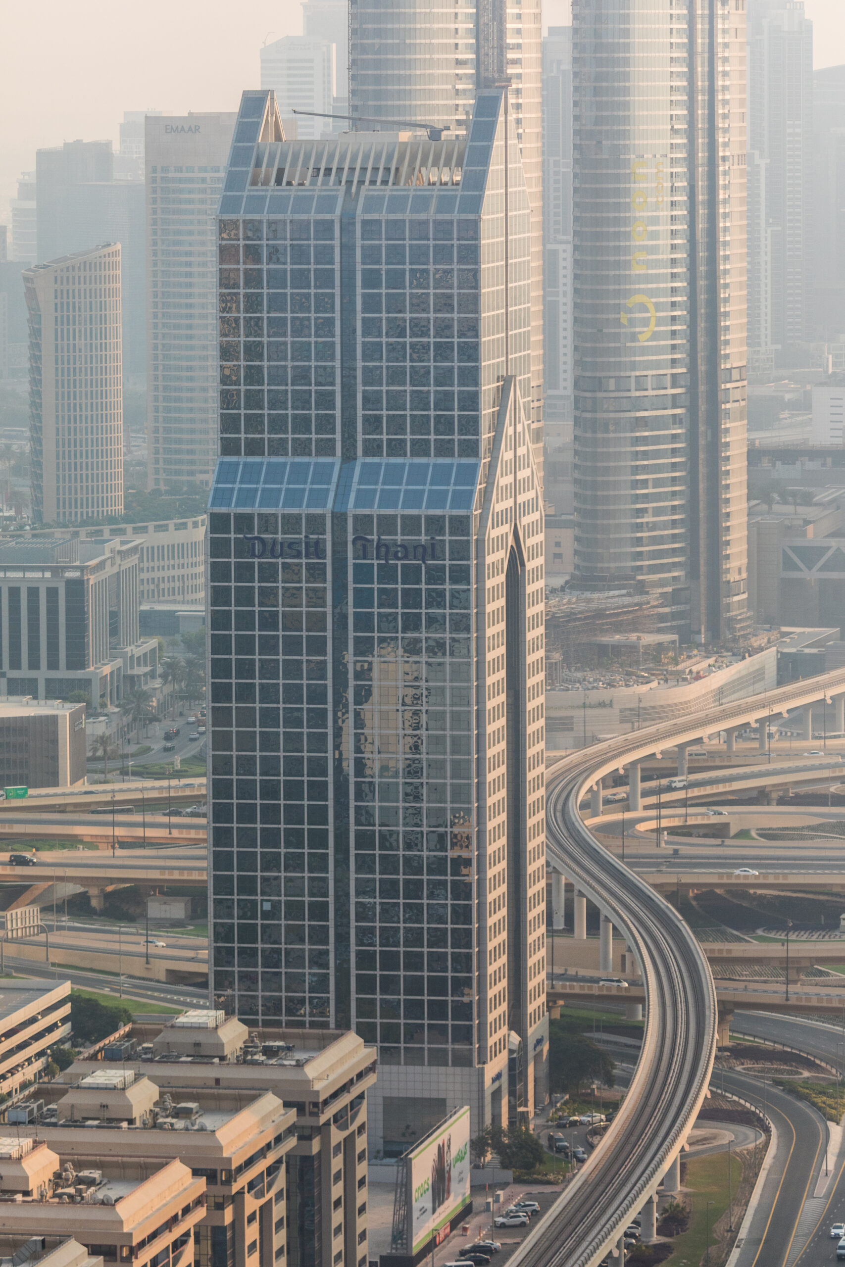 dubai, uae october, 2018. top view of numerous cars in a traffic in dubai, united arab emirates