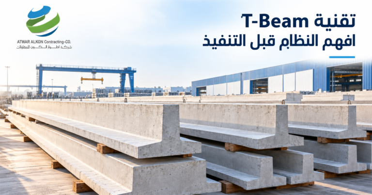 كمرات خرسانية مسبقة الصب ذات قطاع T مقلوب مرتبة في ساحة مصنع